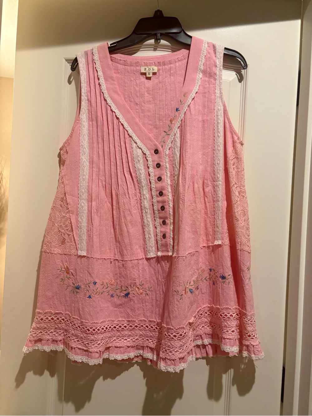 Pink POL Embroidered Cotton Sleeveless Top
